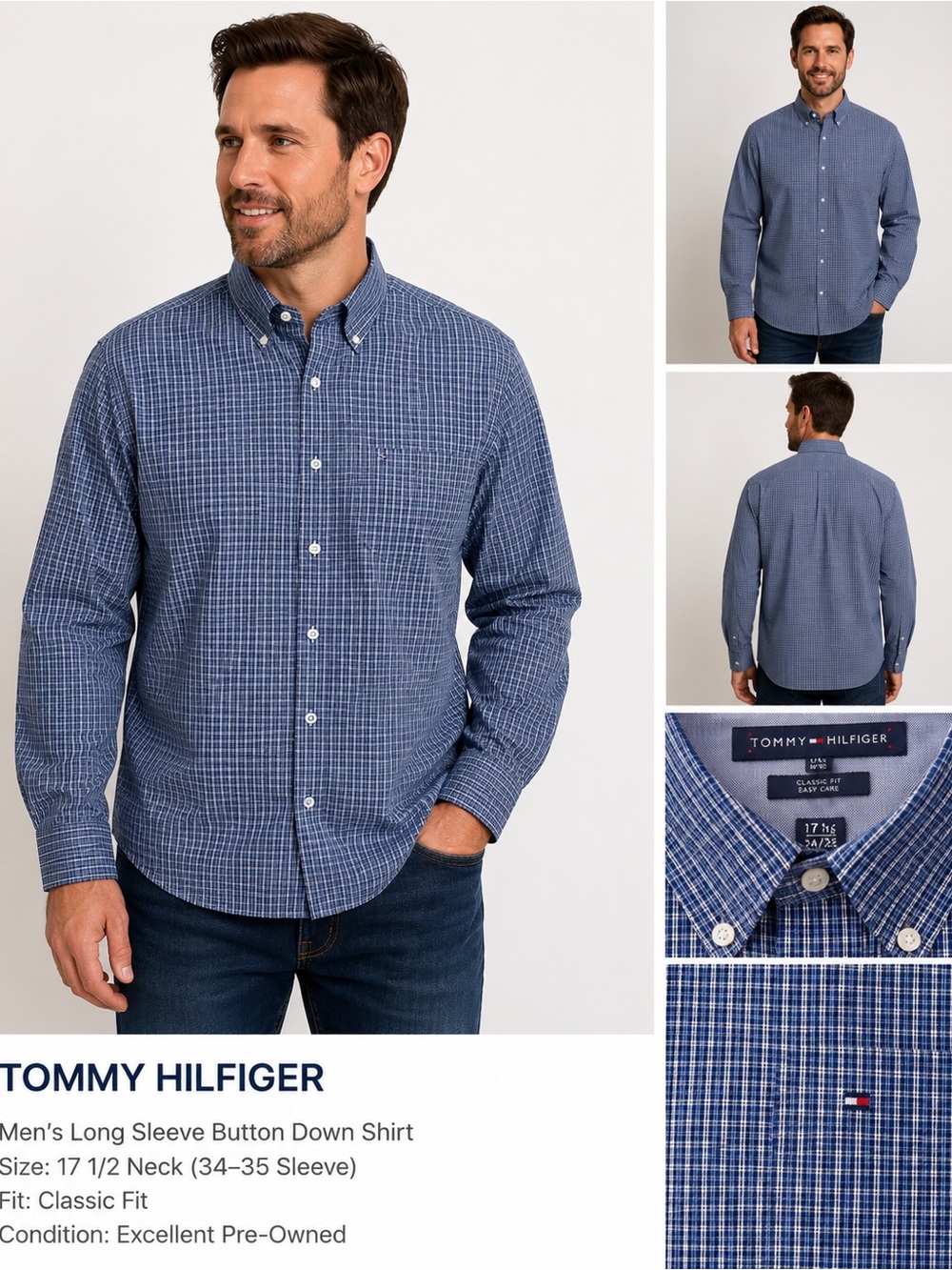 Tommy Hilfiger Navy and White Windowpane Button-Down Shirt - Men's